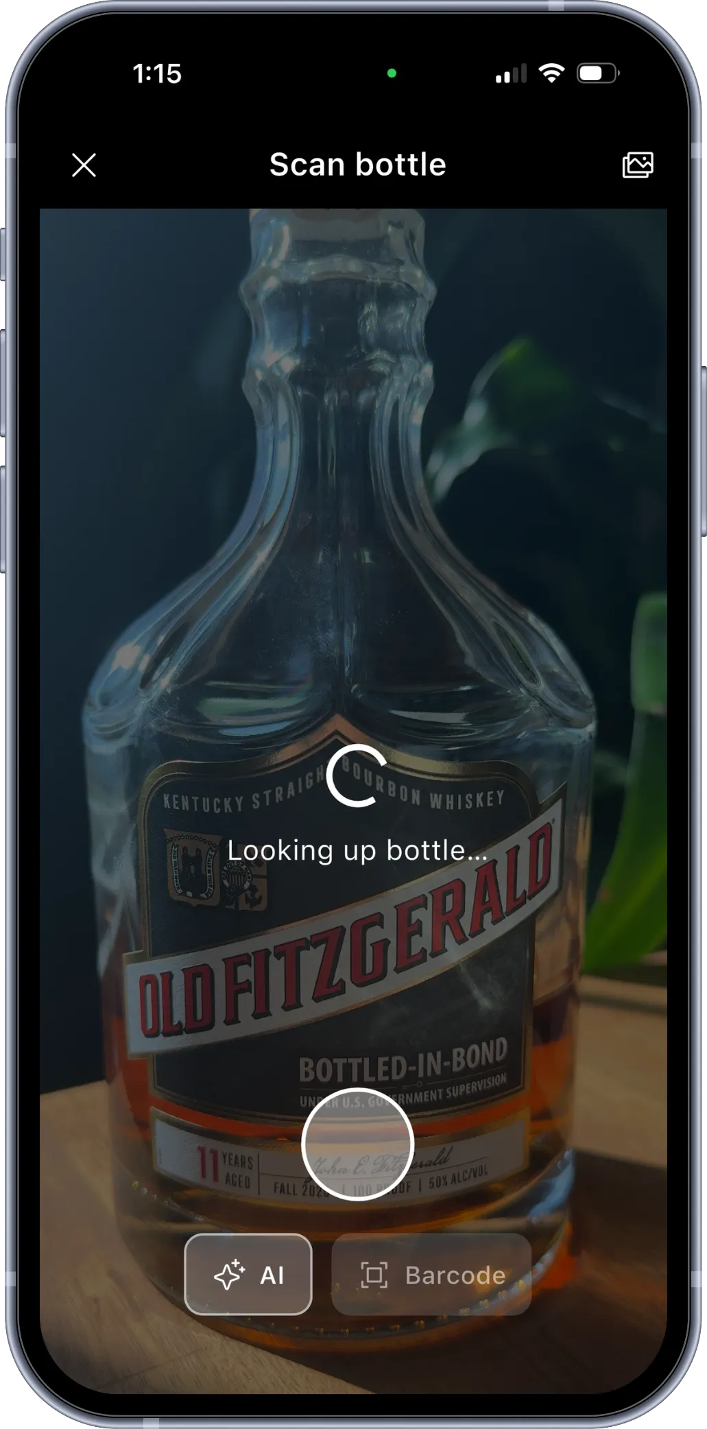 BRBNFNDR AI bottle scan phone mockup identifying an Old Fitzgerald bottle