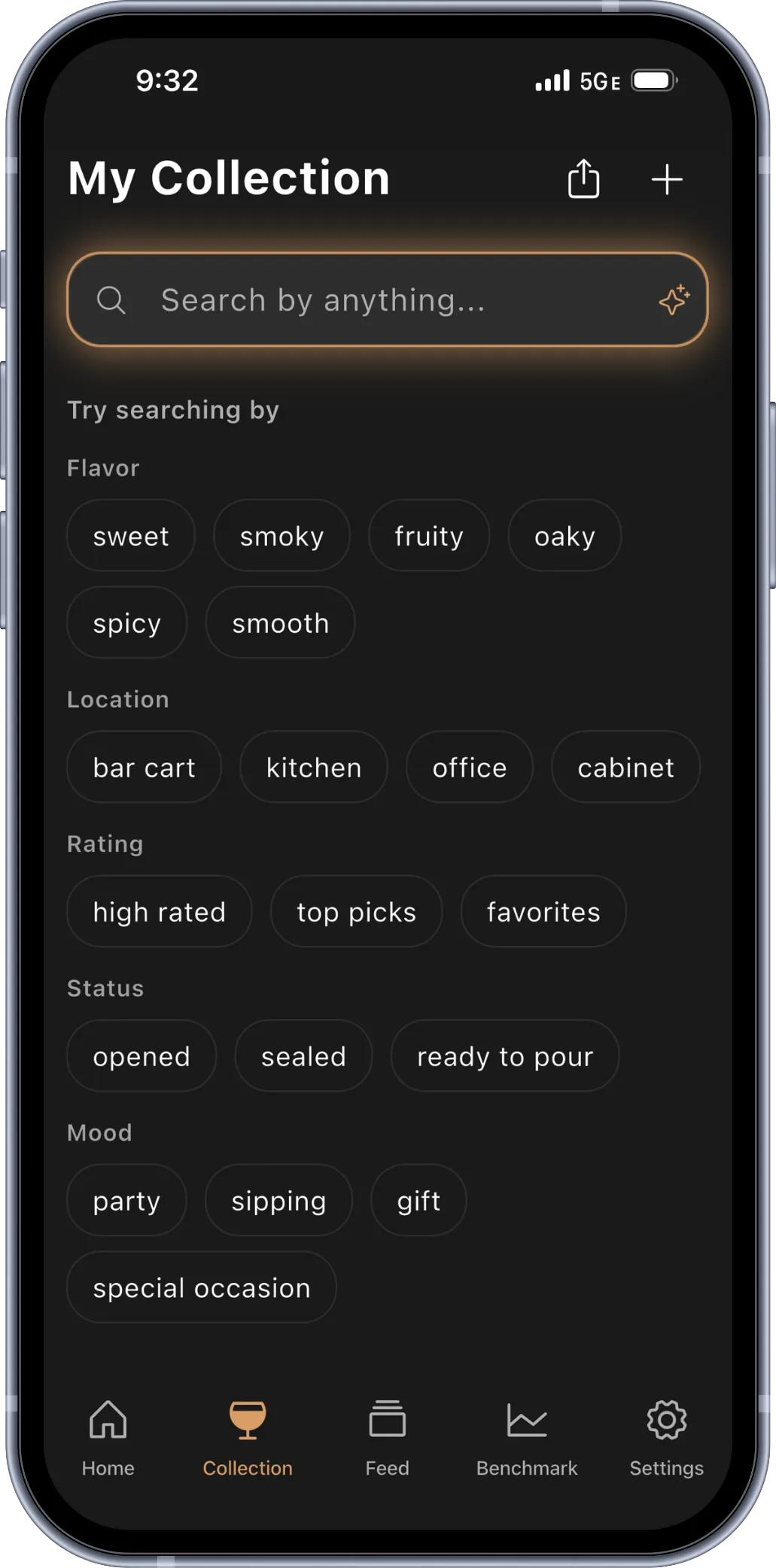 BRBNFNDR phone screen showing AI collection search for bottle discovery and market context