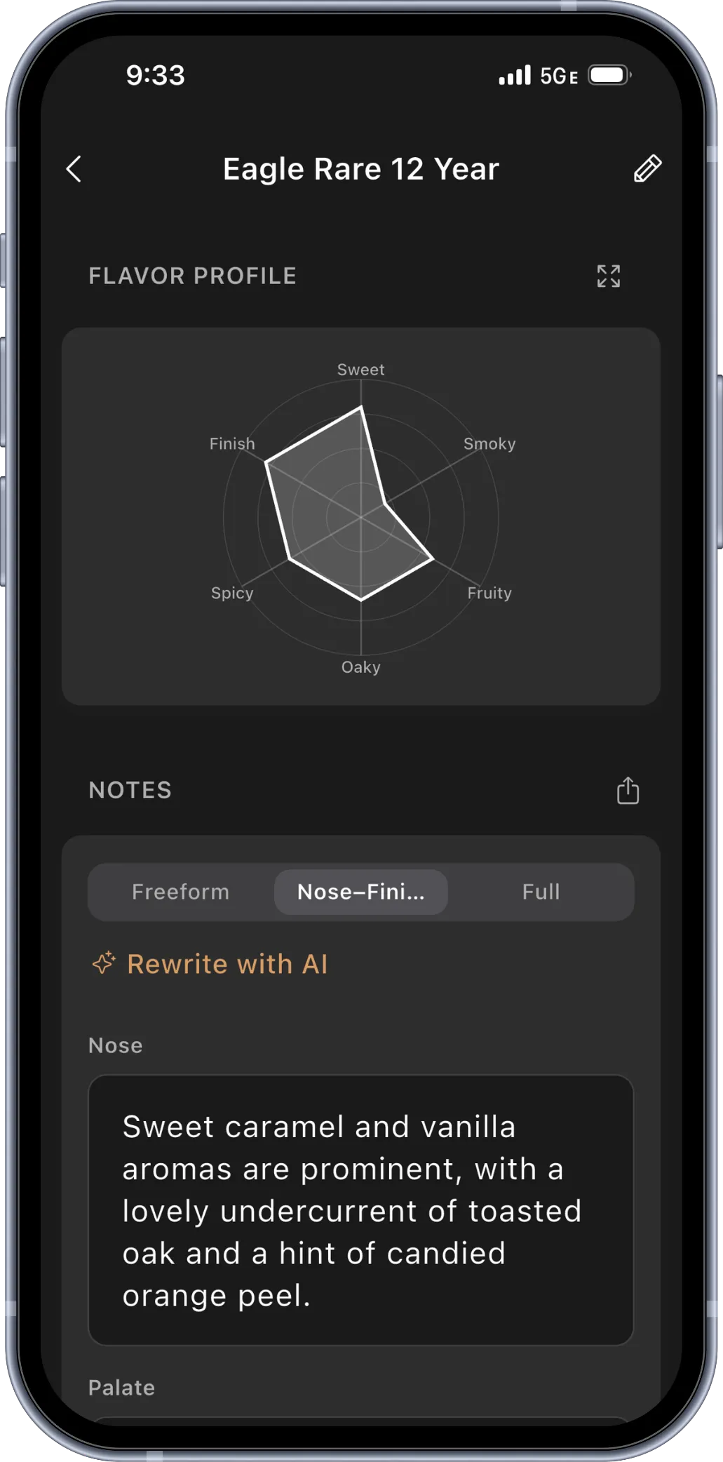 BRBNFNDR phone screen showing AI-assisted tasting notes and flavor profile context