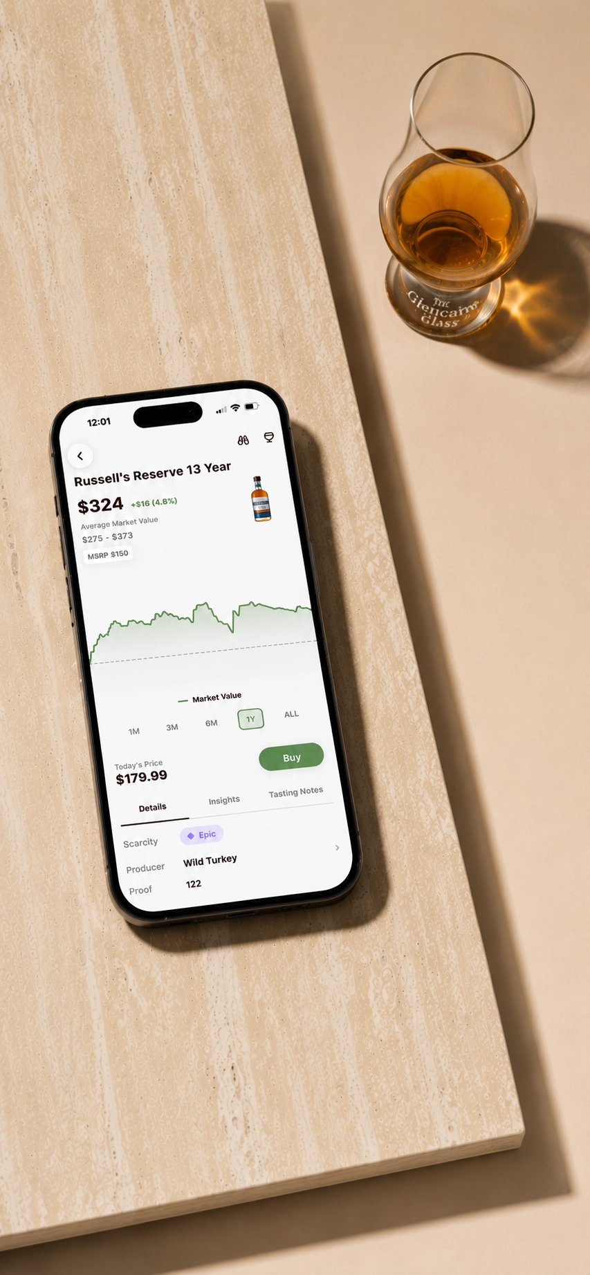 Phone showing BRBNFNDR live market pricing on a stone surface