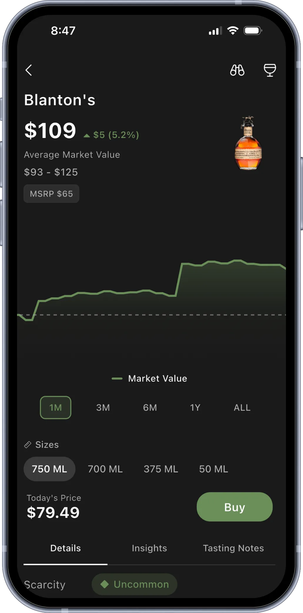 BRBNFNDR Benchmark screen showing Blanton's market value from auction, retailer listing, and purchase data