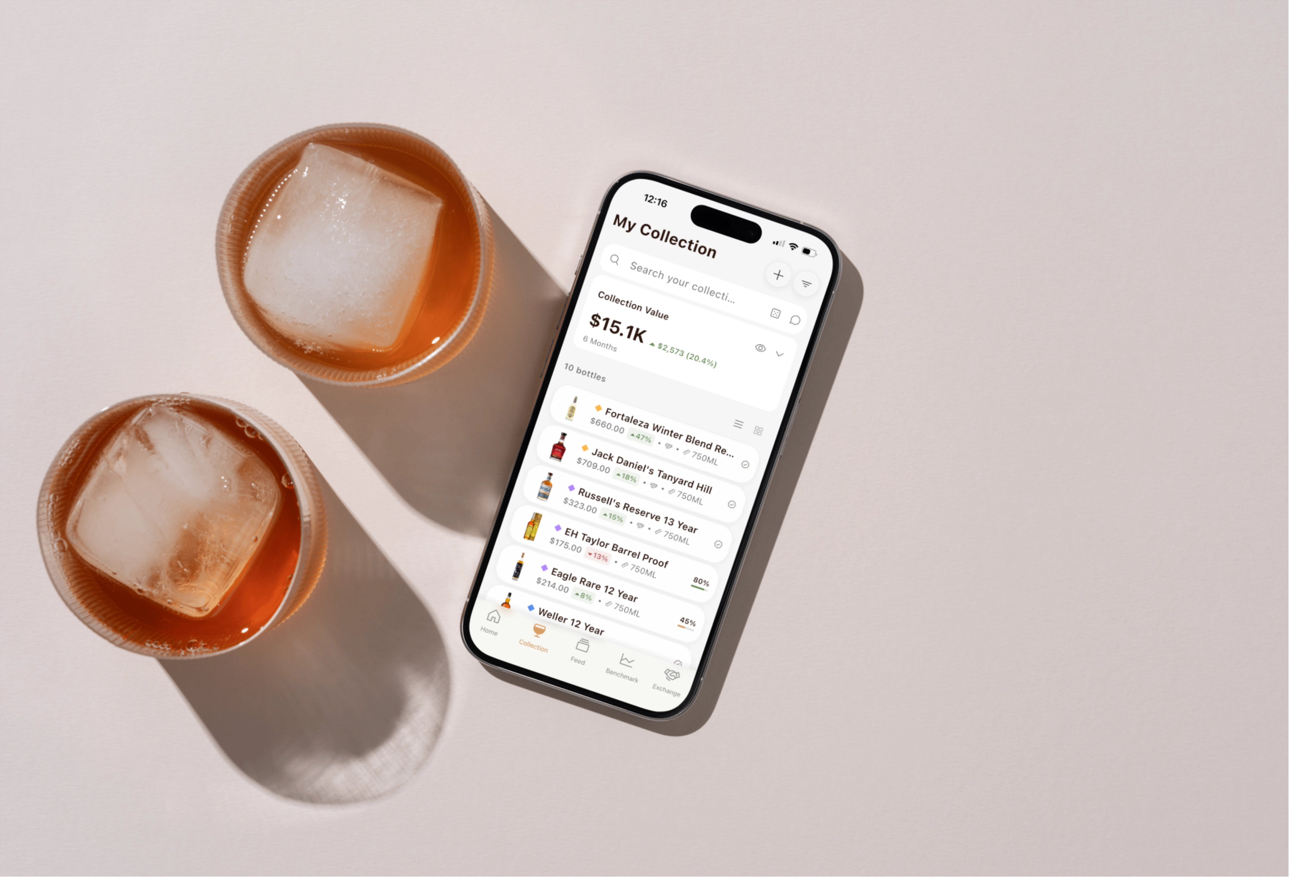 BRBNFNDR collection screen beside cocktails