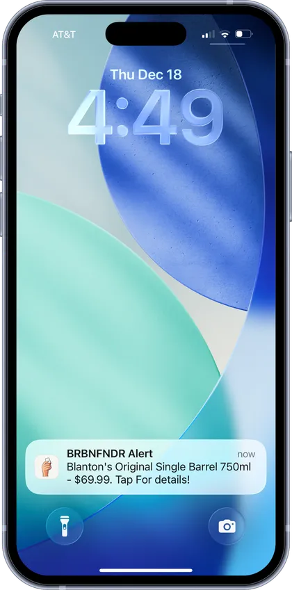 BRBNFNDR mobile alert screen showing a rare bourbon availability notification